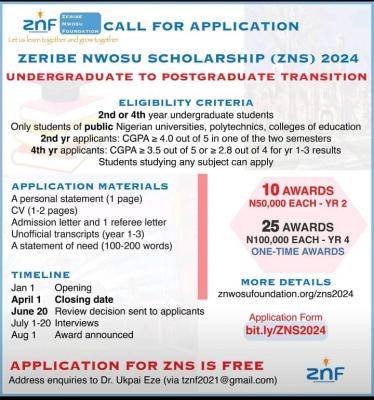 Zeribe Nwosu Foundation Scholarship for 2024