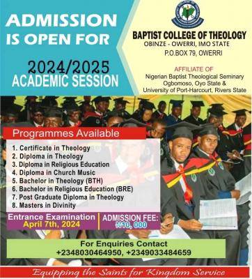 Baptist College of Theology, Obinze Admission Form 2024/2025 is out