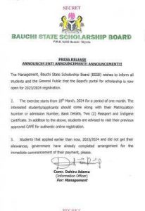 Bauchi State Scholarship Board Announces Scholarship Registration for 2023/2024