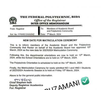 Fed Poly Bida Announces New Date for Matriculation Ceremony