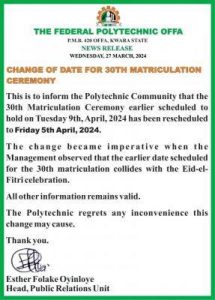 Fed Poly Offa Announces new date for 30th Matriculation Ceremony