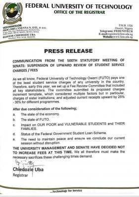 FUTO Notice on Suspension of Upward Review of Students’ Service Charges/Fees