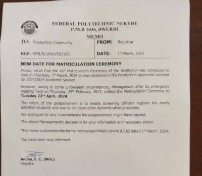 Federal Poly, Nekede announces date for Matriculation Ceremony, 2023/2024
