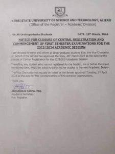 KSUSTA Notice on Closure of Registration and Commencement of First Semester Exams
