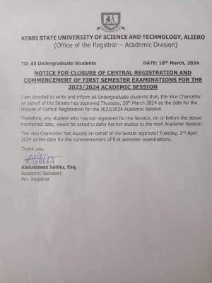 KSUSTA Notice on Closure of Registration and Commencement of First Semester Exams